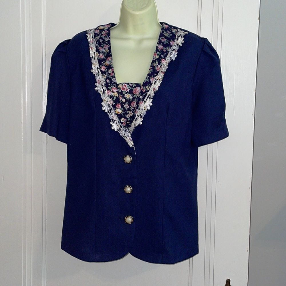 Vtg 80s Matthew & David navy blue floral & lace jacket top
